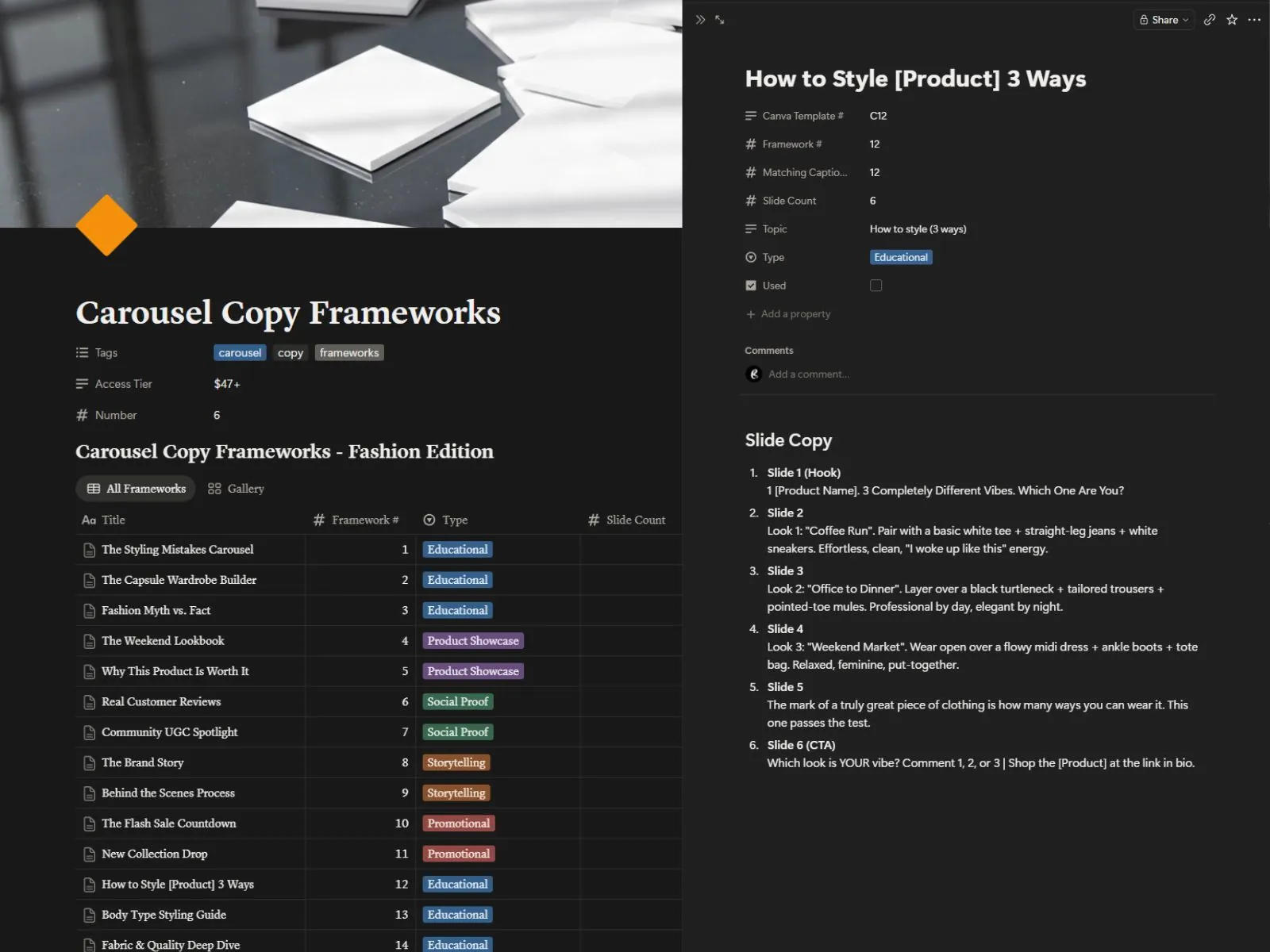 Carousel Copy Frameworks
