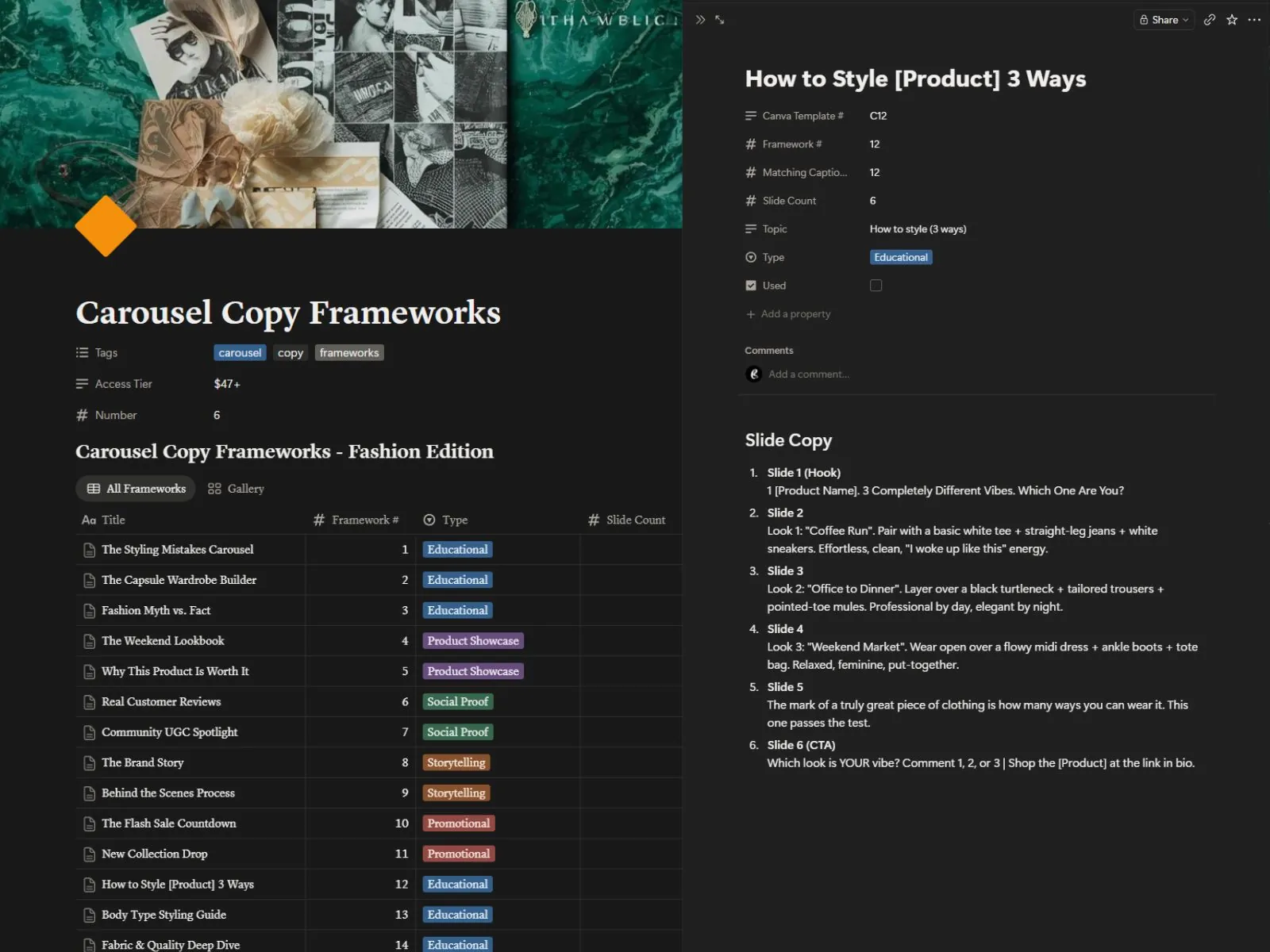 Carousel Copy Frameworks