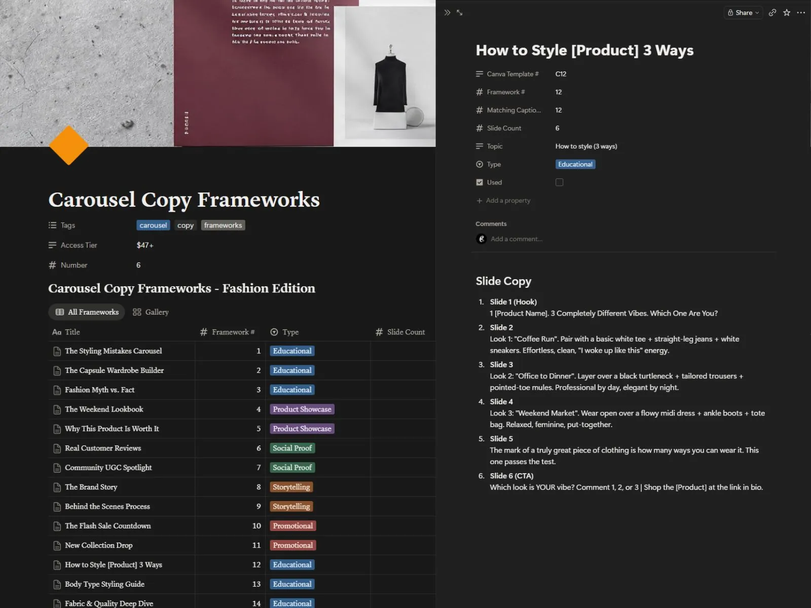 Carousel Copy Frameworks